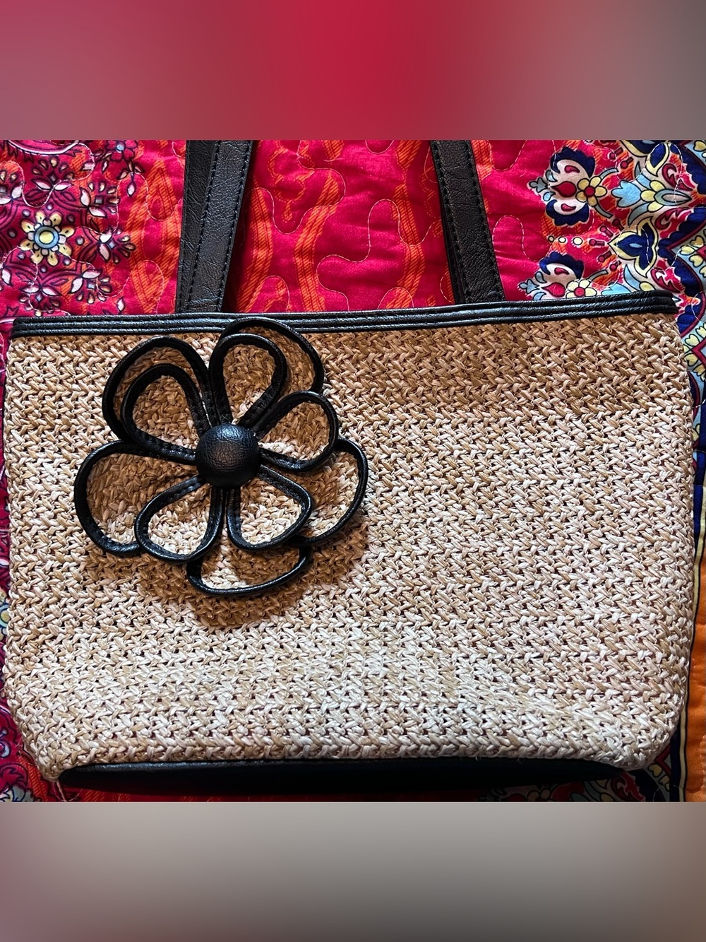 LIKE NEW—Bueno Collection Black Trim Straw Shoulder Bag with 3D Flower Accent - Picture 3 of 11